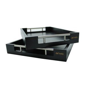 Bamboo Modern Serving Tray with Metal Handles (Set of 2) - BLACK